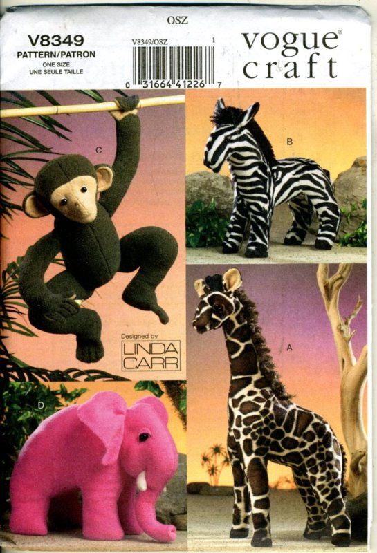 Monkey Zebra Elephant Giraffe Vogue Craft Pattern New