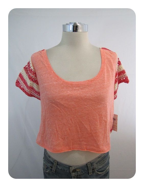 New We The Free/ Free People Coral Combo Crochet Cropped Shirt Small $ 