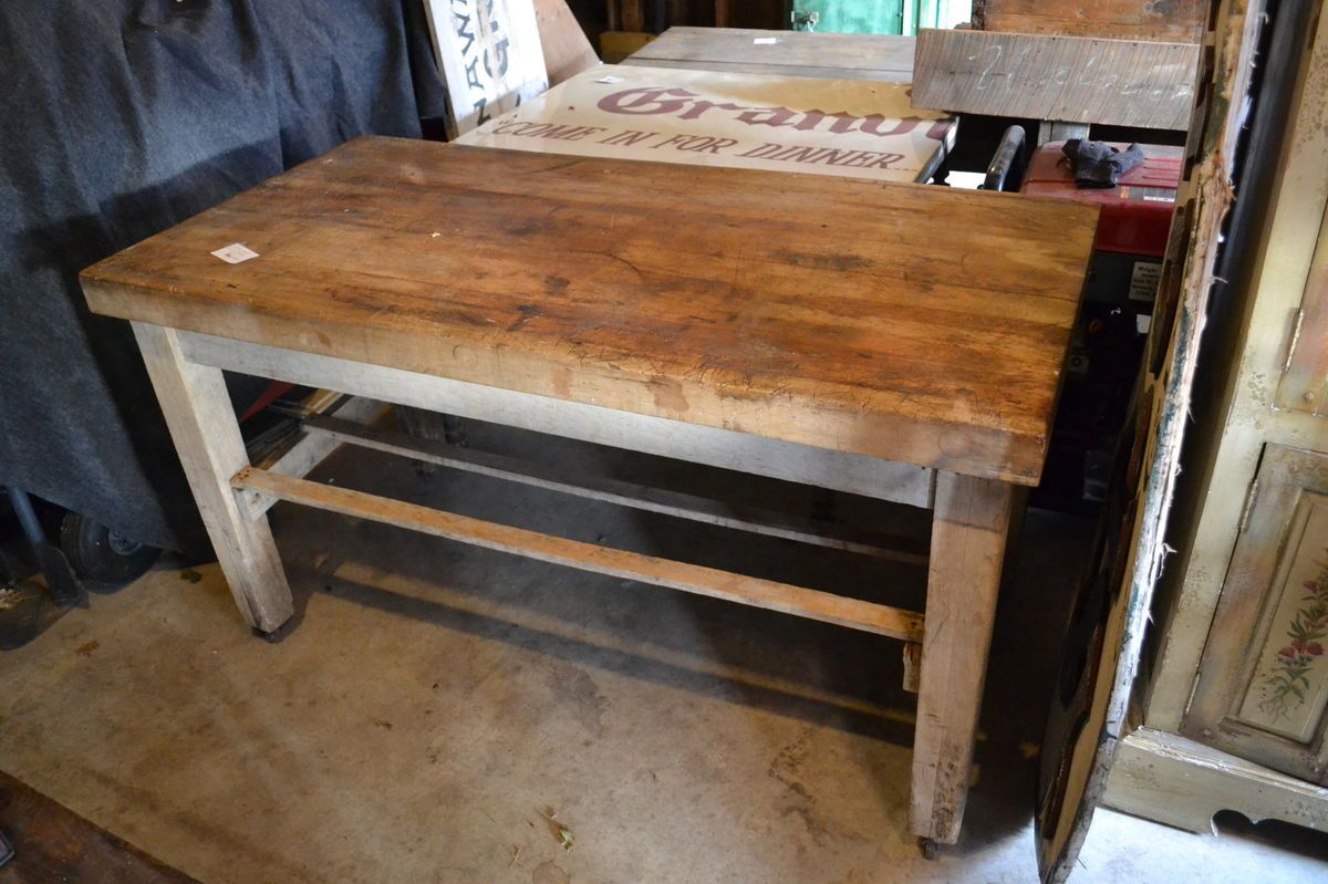 vintage butcher block table wood frame on casters workbench kitchen 