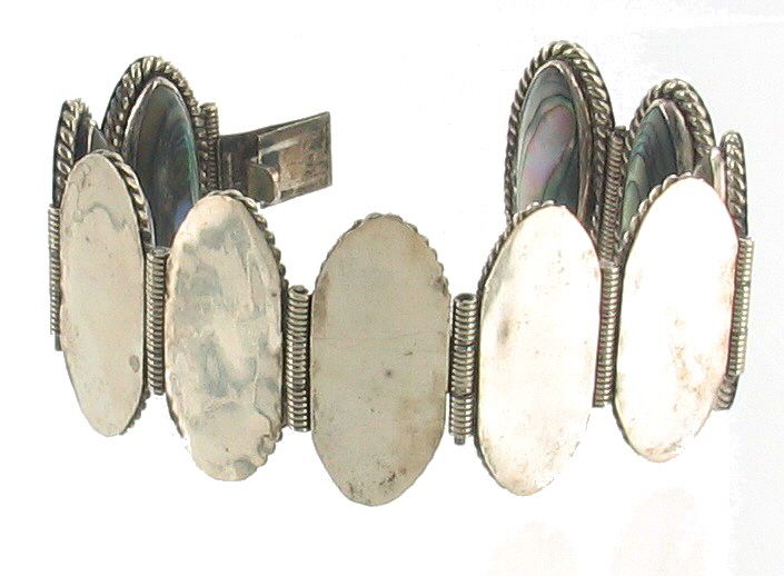 Vintage Silver Mexico Large Abalone Oval Shell Link Bracelet Wide 