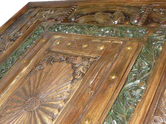   crafted floral Chakra carved antique door dining table from India