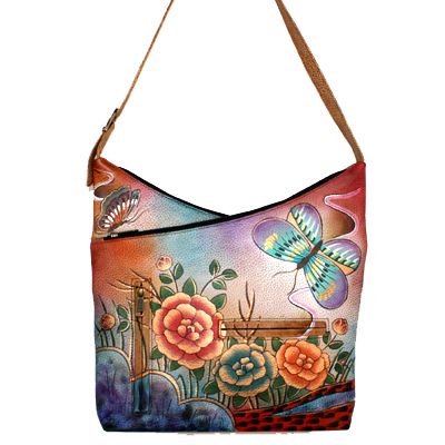 Anuschka Shoulder Hobo Bag Handpainted Rose Butterfly