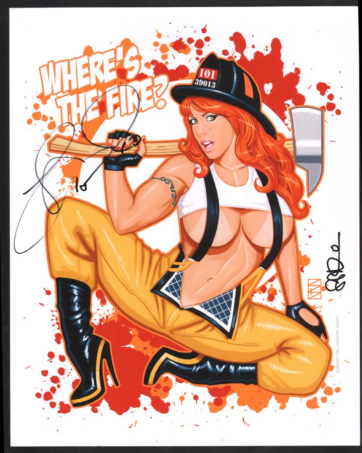 APRIL HUNTER Redhead Firefighter SIGNED Pin up Print Scott Blair