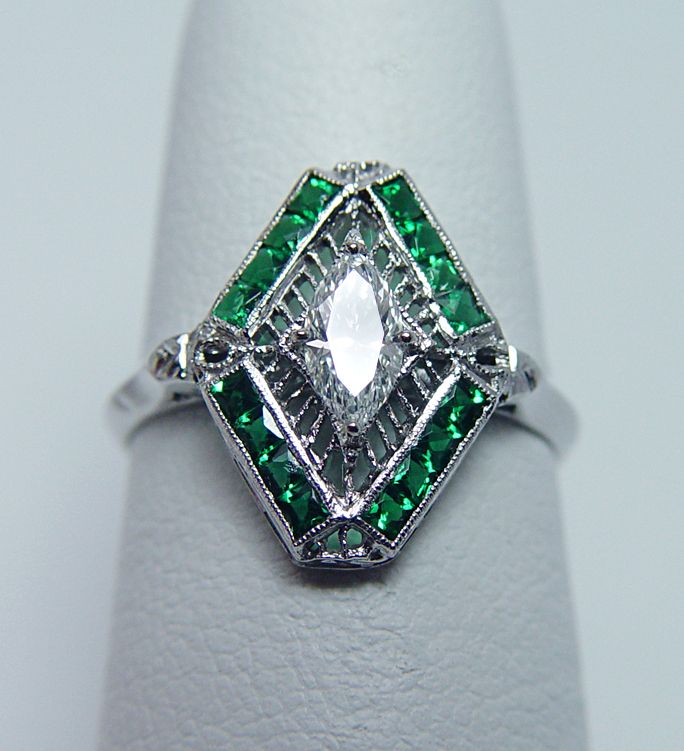 Antique Art Deco Marquise Diamond French Emerald Platinum Filigree 