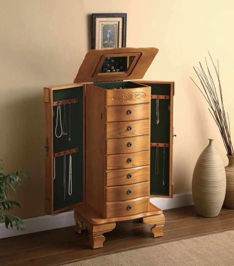 Deluxe Queen Anne Jewelry Armoire Lingerie Chest in Light Oak by 