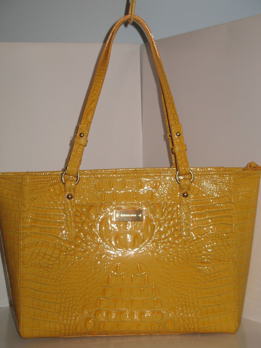 NWT BRAHMIN Arno LACQUER Yellow GLOSSY Melbourne CROCO Leather Tote 