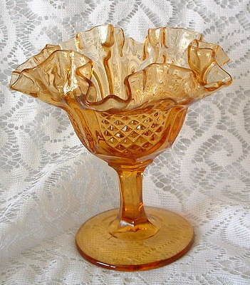Beautiful Pressed Amber Glass Pedestal Style Ruffled Candy Dish