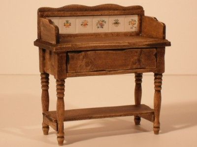 Artisan Dark Walnut Wash Stand w/ Tiled Back 1/12 Dollhouse Miniature 