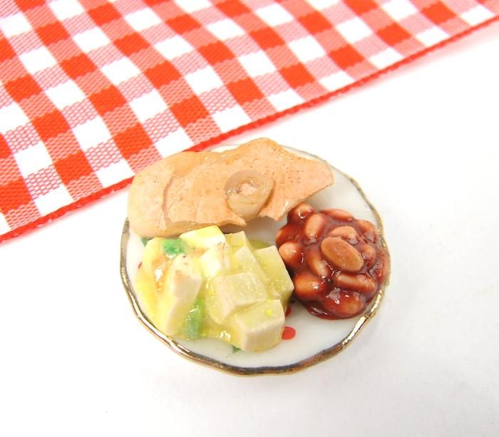   Miniature Food Dinner Plate Ham Potato Salad Baked Beans