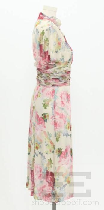 Luisa Beccaria Beige Multi Color Floral Print Short Sleeve Dress Size 
