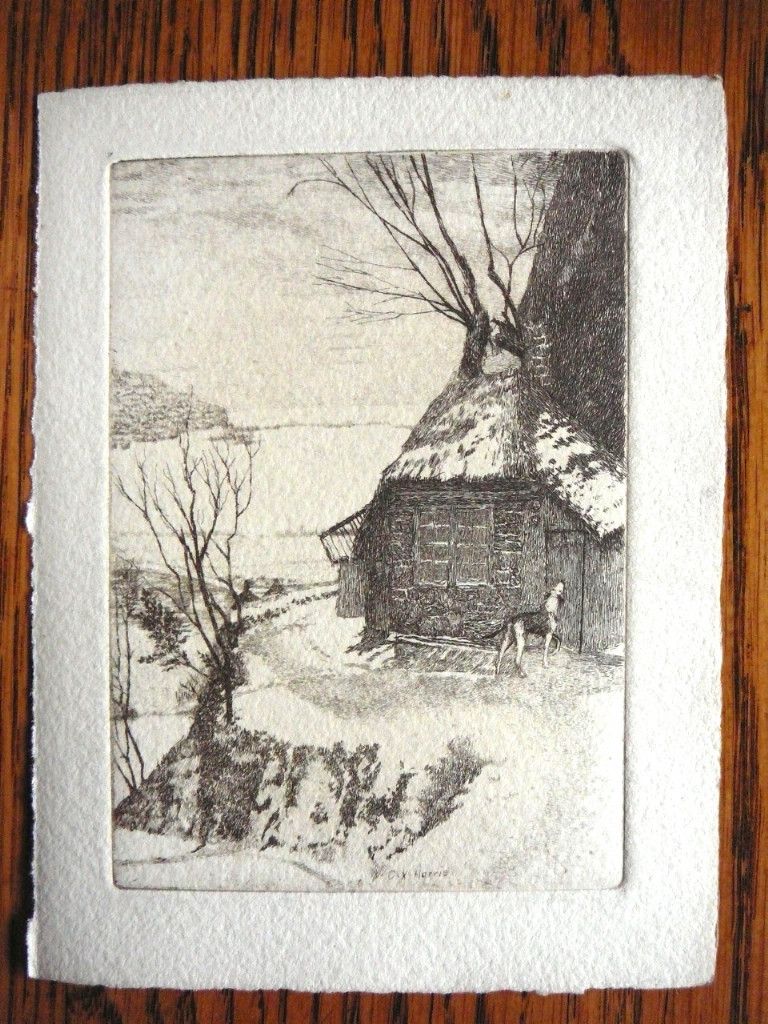 1930s C x Harris Etching English Cottage Dog at Door