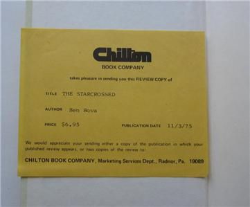 The Starcrossed Ben Bova Chilton 1975 1st Ed DJ Review Copy Slip Laid 