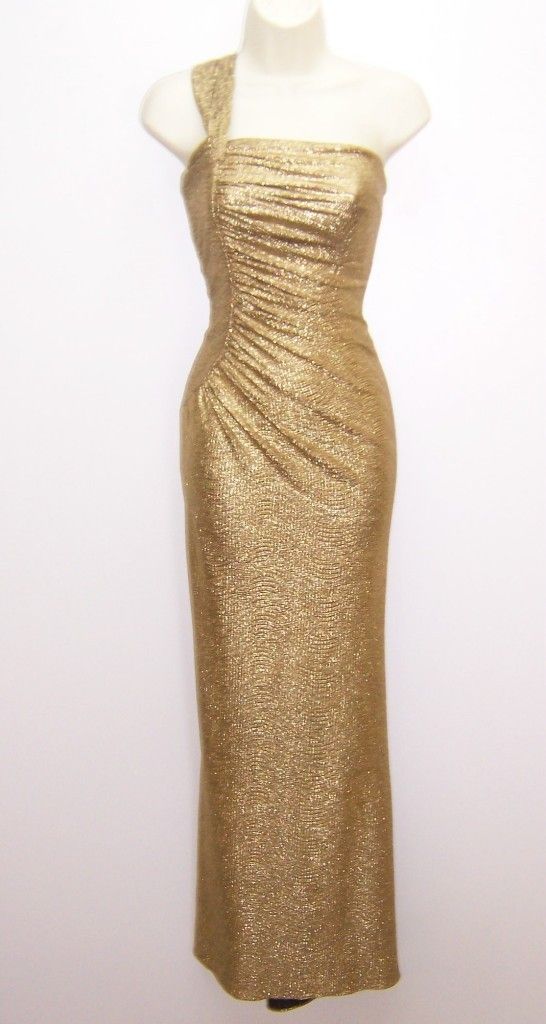 Betsy & Adam Gold Metallic One Shoulder Ruched Formal Gown Dress 6 NWT