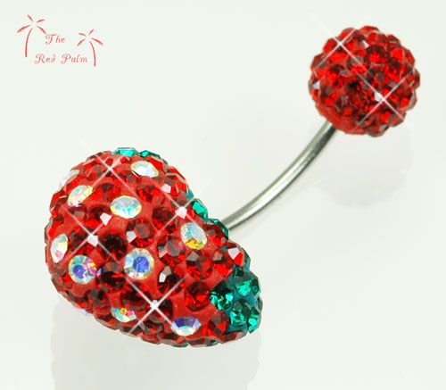   Crystal Juicy Red Strawberry Love Heart Navel Belly Ring Bar