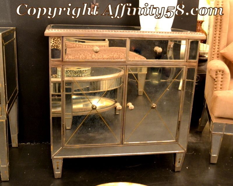 Bethel Antique Mirrored 2 Drawer 2 Door Wine Cabinet Hall Chest $1785 