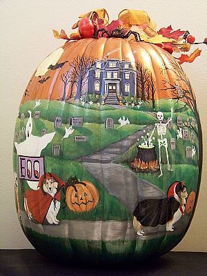   Shelties Trick Or Treat Pumpkin by L Bernier Hand Painted