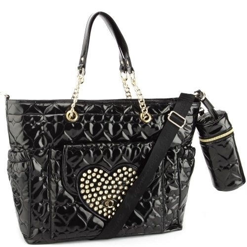 Betsey Johnson Diaper Bag Style Tote Handbag Black Patent Be Mine Gold 