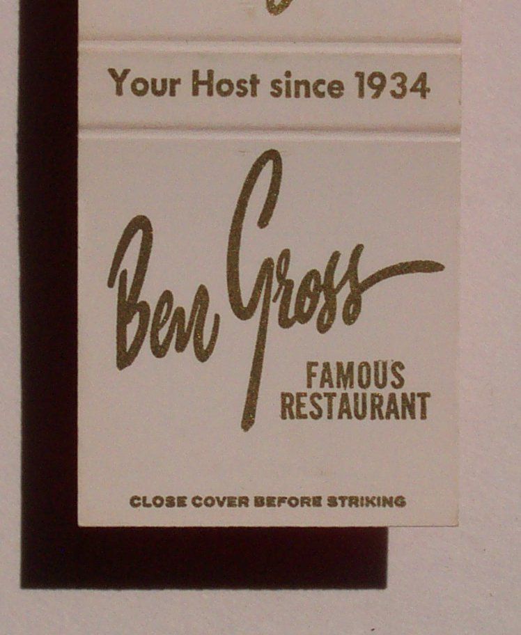 1960s Matchbook Ben Gross Restaurant Route 30 Irwin PA