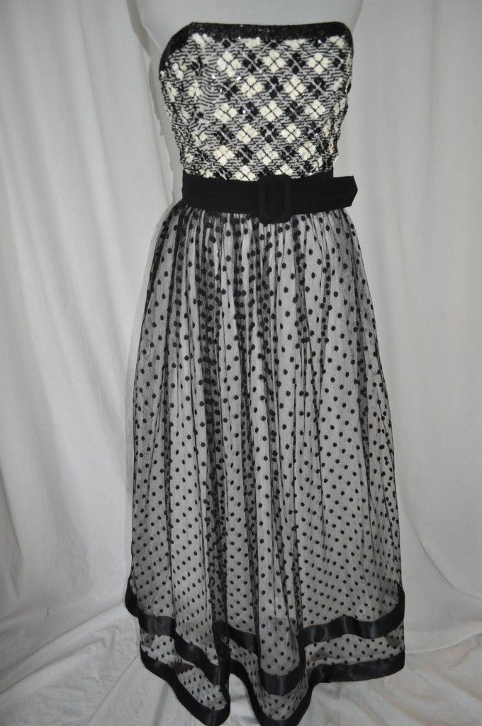 BILL BLASS EVENING Black White Sequin Beaded Tulle Polka Dot Ball Gown 