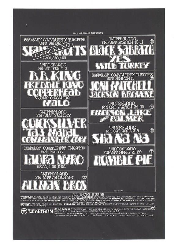 Bill Graham 1972 Handbill Sabbath Quicksilver B B King Humble Pie Joni 