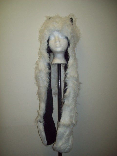 WHITE BLACK PLUSH ANIMAL HOOD WOLF HAT WITH SCARF MITTENS FAKE FUR 