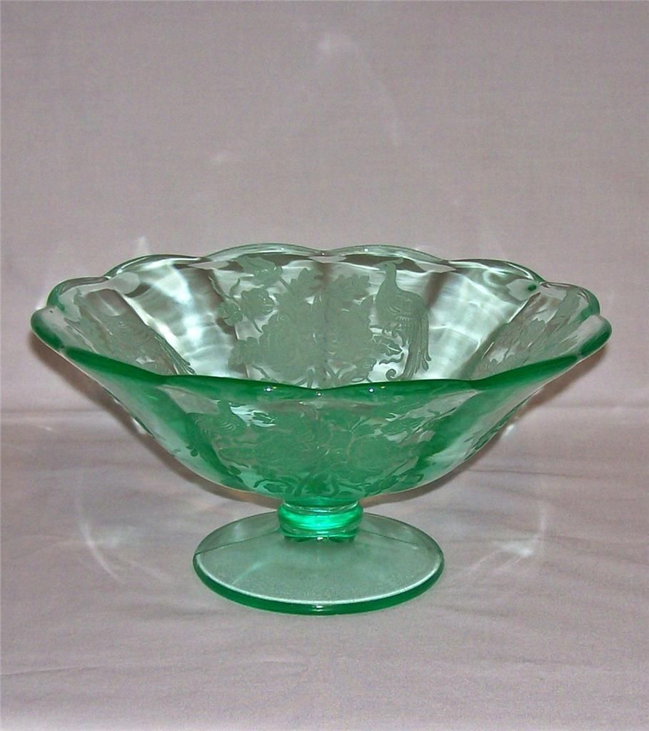 PADEN CITY PEACOCK ROSE NORA BIRD FOOTED FLARED BOWL GREEN VHTF