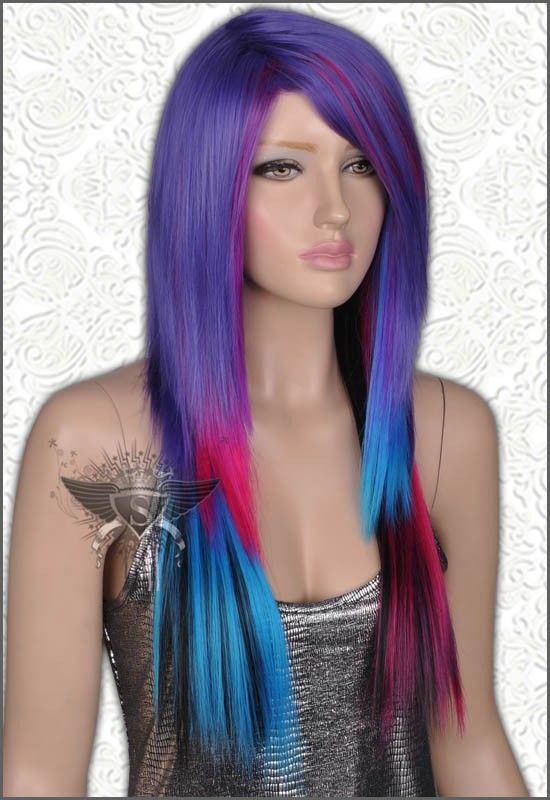 GW477 Purple Black Rock Psychobilly Lady Full Hair Wig Fashionable 