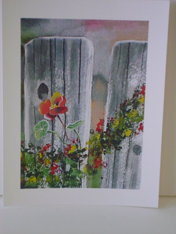 Original Watercolor Flowers Against Old Weathered Fence