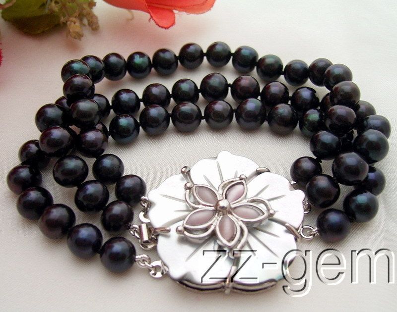 b1005014 3strds 8mm black round pearl bracelet