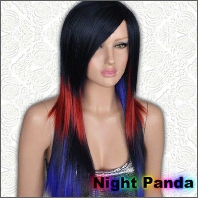 GW455 Red Dark Blue Rock Long Animation Lady Hair Wig Allure Trendy 