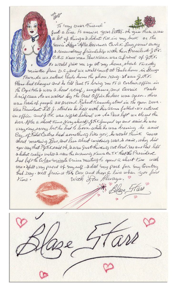 Blaze Starr Autograph Letter Signed re JFK Castro