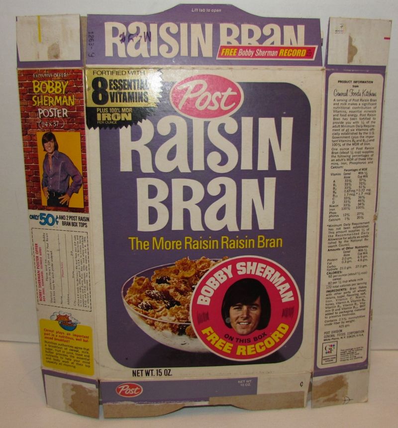 Post Raisin Bran Cereal Box with Bobby Sherman Record on Back Complete 