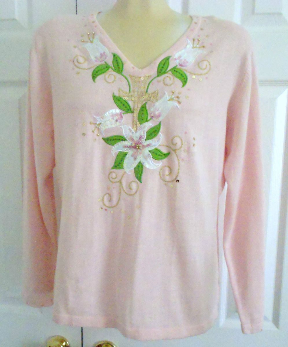 BOBBIE BELL Pink V Neck LS Ramie Blend Sweater Sequins Appliques Beads 