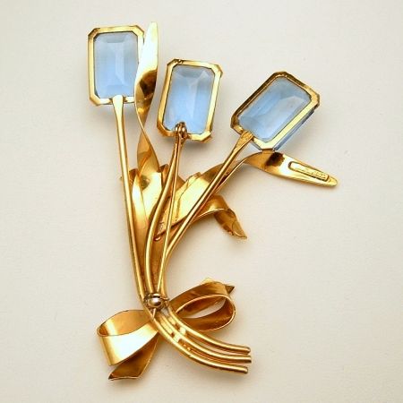   Silver Vermeil Vintage Brooch Pin Retro Blue Glass Flowers Huge