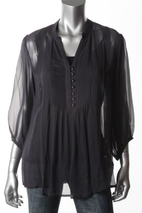 Blue Tassel New Navy Silk Three Quarter Sleeve Pintuck Blouse Tunic 