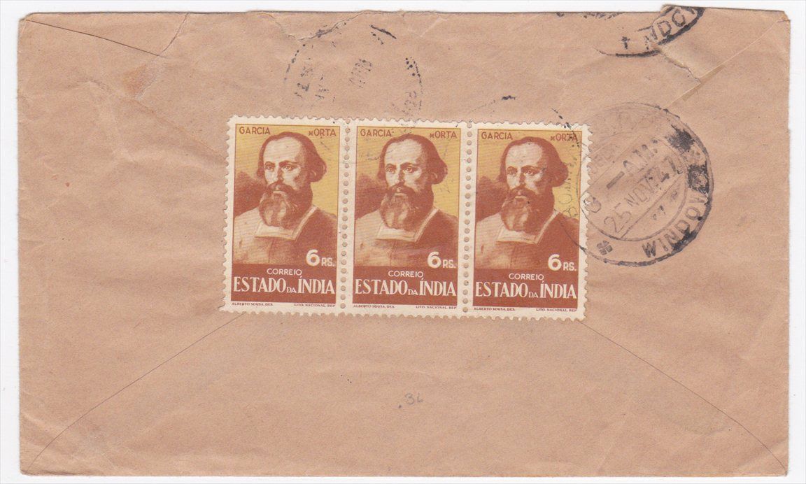 Portuguese India 6RS Strip of 3 on Cover to Bombay