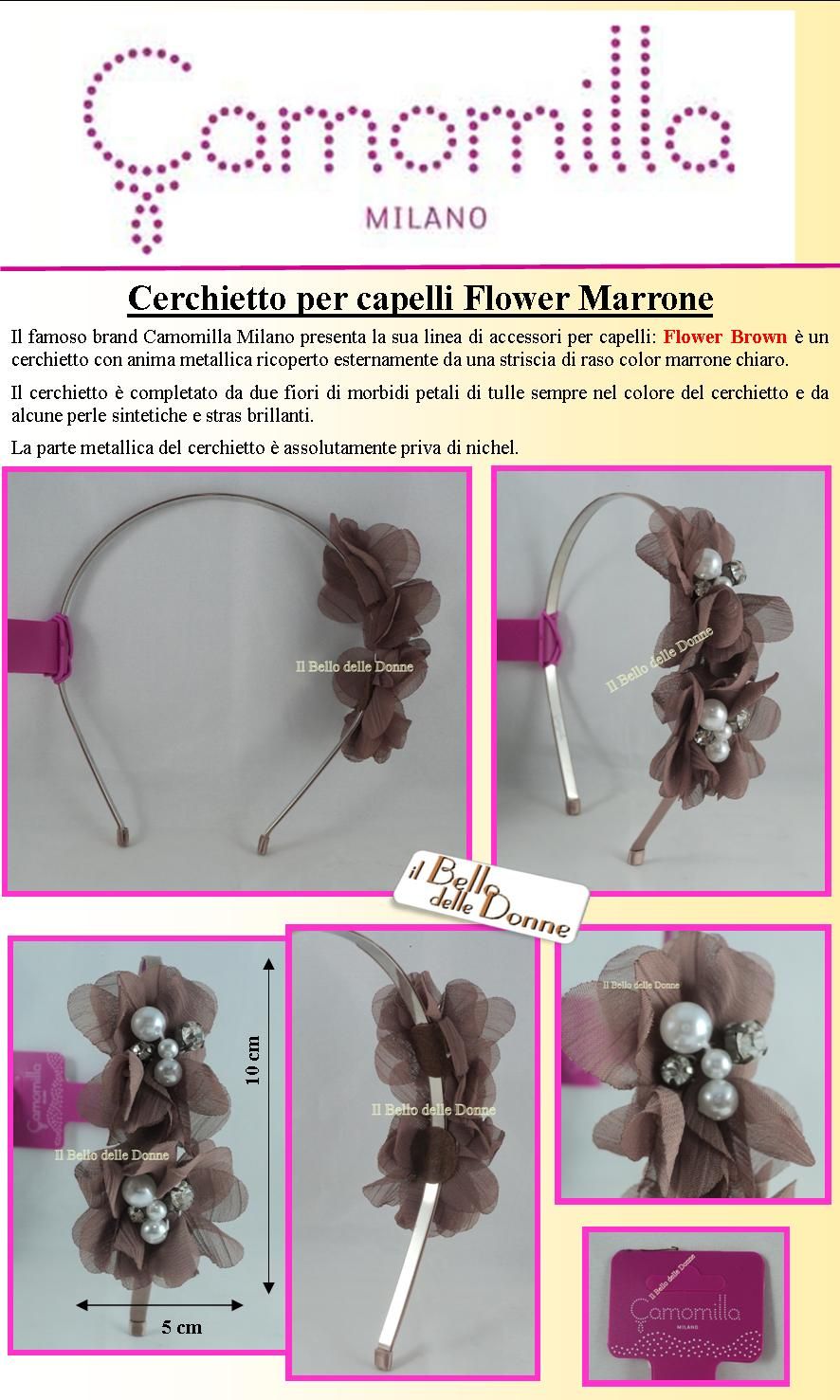 Cerchietto Ferma Capelli Camomilla Flower Raso Marrone Fiori Con Perle 