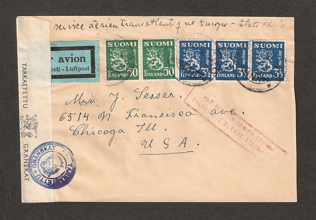 Finland 1941 Turku Bridge Cancel on Censored Trans Atlantic Airmail 