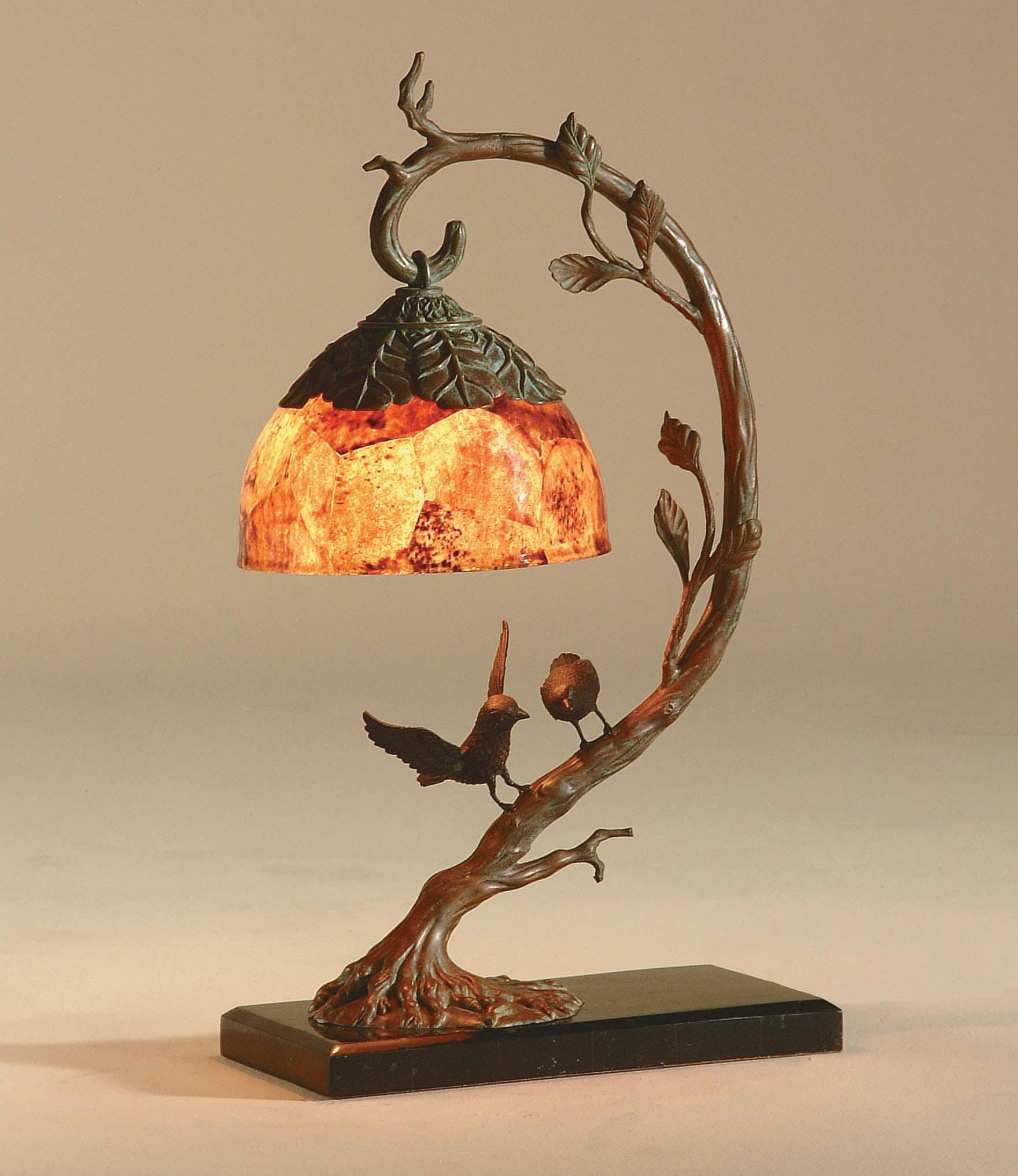 Maitland Smith Brass Birds on Limb Lamp Penshell Shade