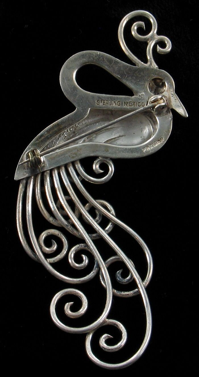 RARE 1940s Boucher Parisina Taxco Mexico Sterling Bird Peacock Pin 