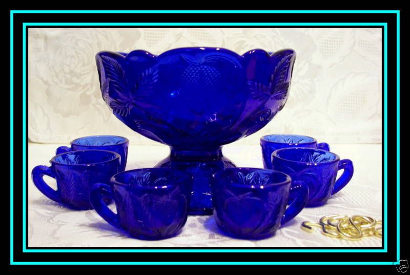 Mosser Glass Cobalt Blue Mini Punch Bowl Set w 6 Cups