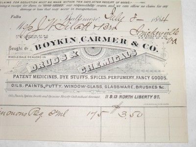 Antique Baltomore MD Boykin Carmer & CO Drugs Store Invoice Letterhead 