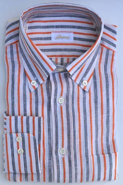 100 New BRIONI Men Linen Shirt Summer White Stripe M L