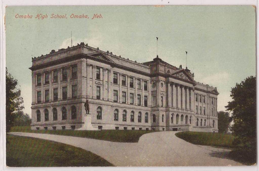   Postcard Omaha High School Building Front View NE Postmark