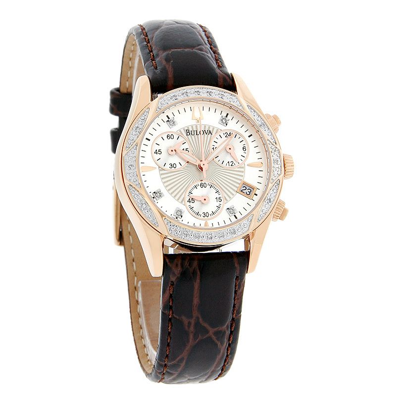 Bulova Diamond Ladies Rose Gold Tone Brown Leather Band Quartz Watch 