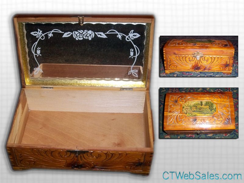 Carved Cedar Wood Jewelry Box with Mirror Inside