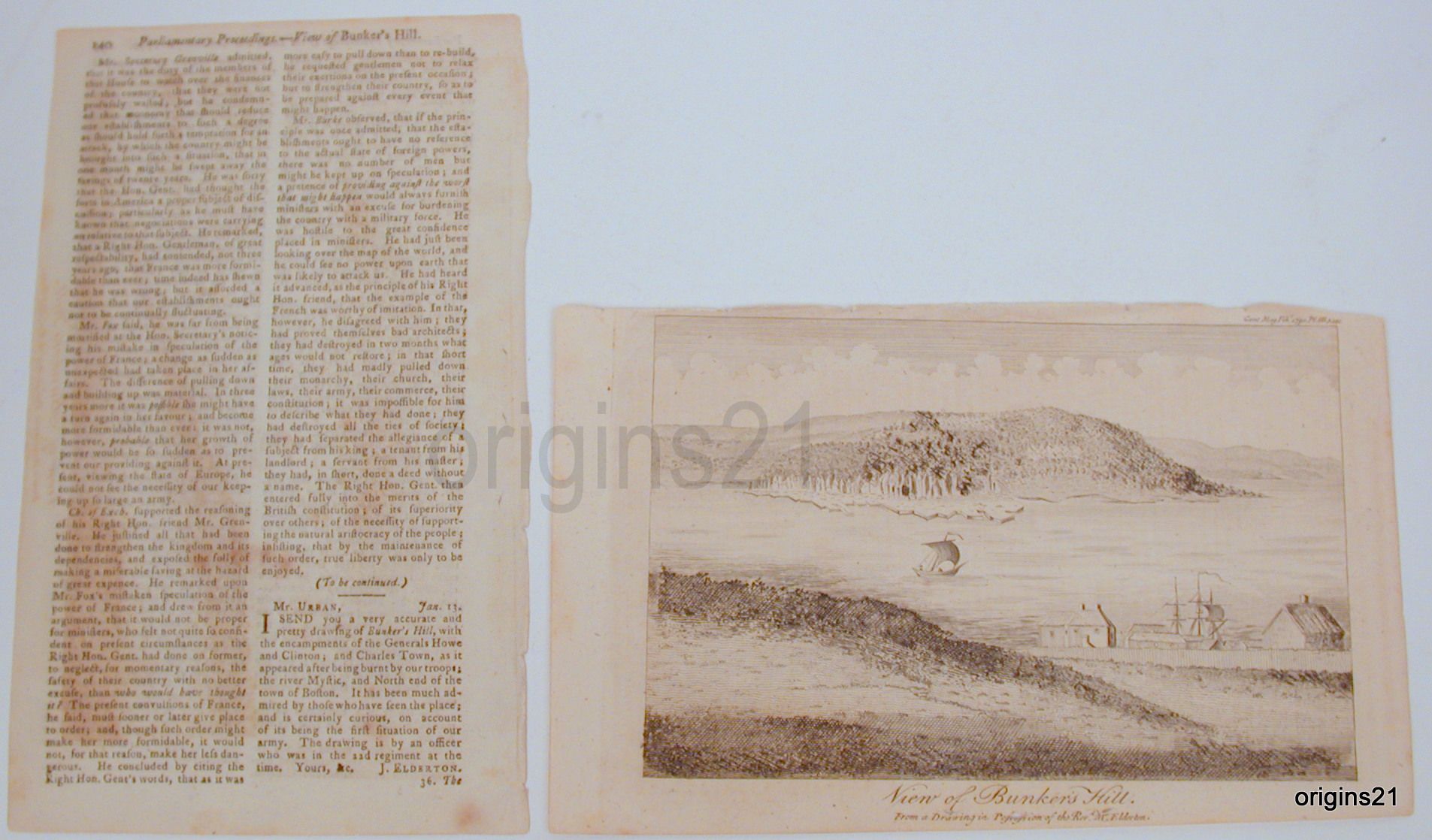 1790 View of Bunkers Hill Mr Elderton Charlestown Boston MA Burning 