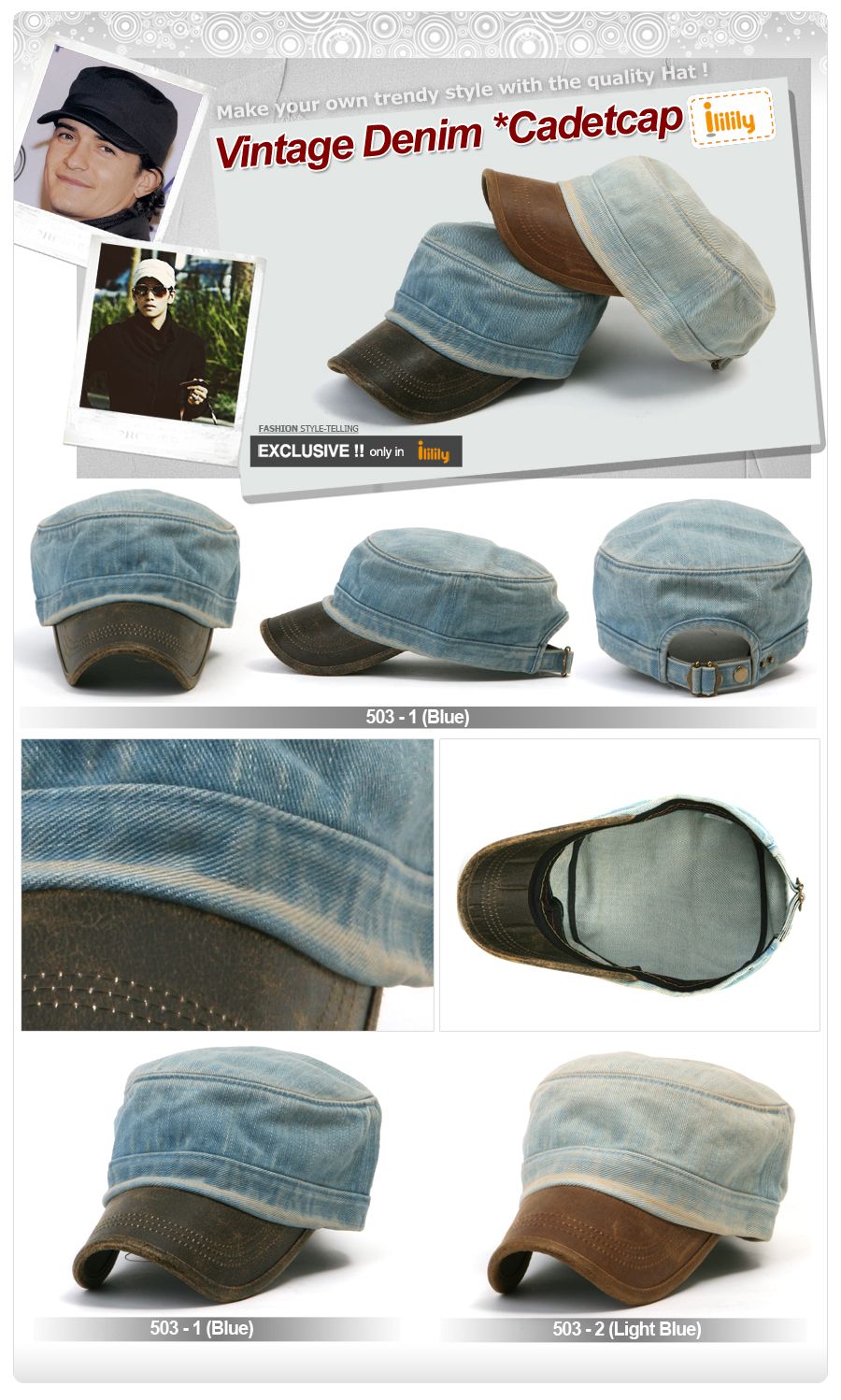 Ililily Brand New Mens Denim Cadet Military Hat Ball Cap Visor Unisex 