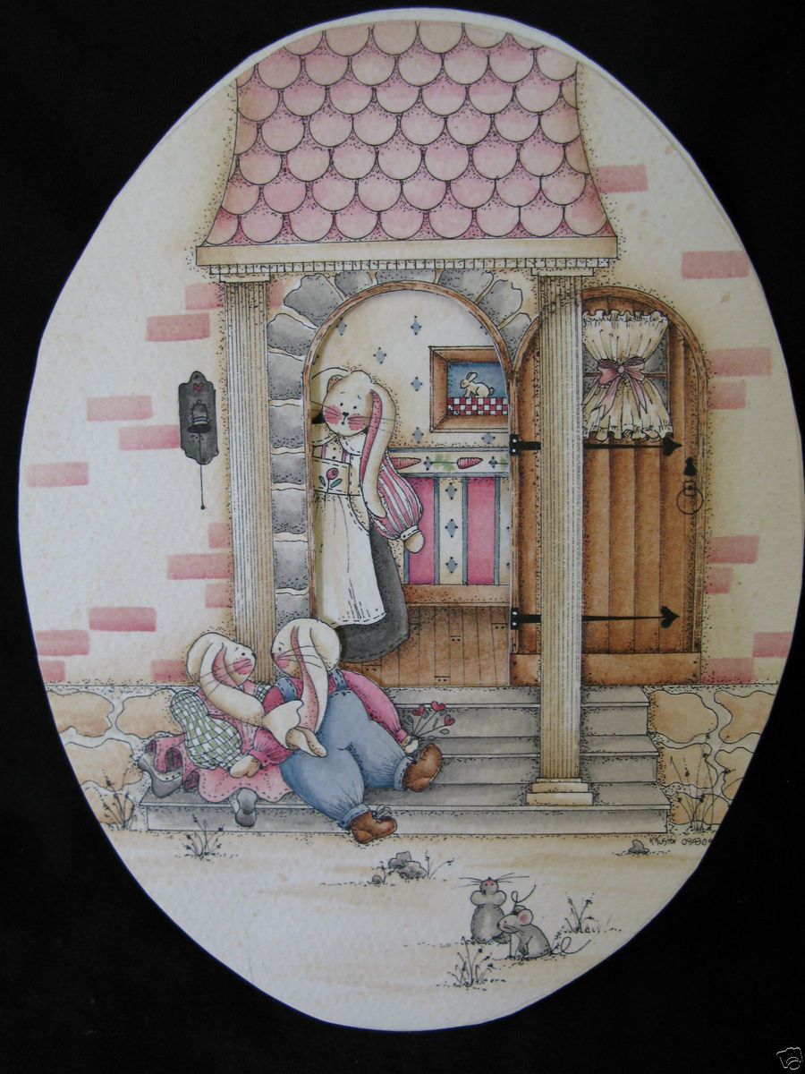 Hand painted BUNNY RABBIT FAMILY HOUSE WATERCOLOR Folk Art Decorative 