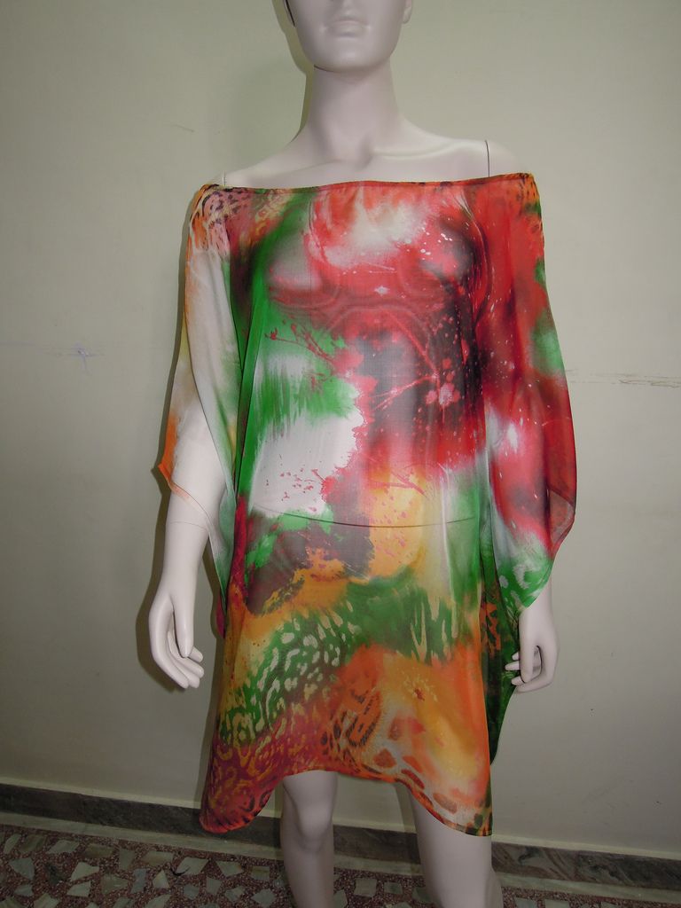 Women Silk Printed Short Kaftan Caftan Beachwear Resort Party Cover Up 